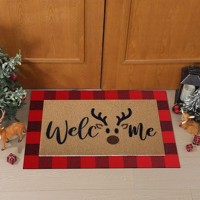 Tinideya 2 Pcs Christmas Door Mat Brown Elk Welcome Non Slip Coir Mats Merry Xmas Black Red Buffalo Plaid Floor Layering Doormats Seasonal for Front Porch Entryway Decor(Brown Elk)