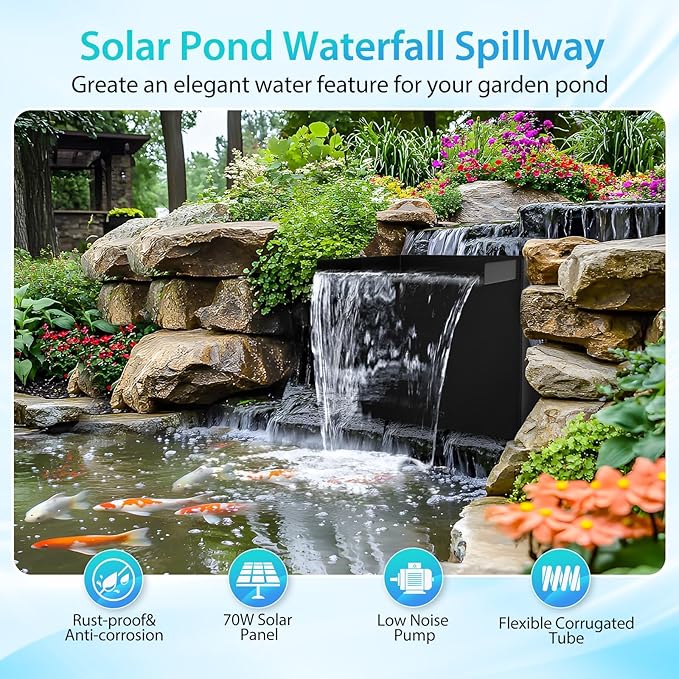 POPOSOAP Pond Waterfall Spillway with Pump Kit, 13.4" H x 12" W Stainless Steel Pond Waterfall Box with Pond Pump, Filtration, 10FT Corrugated Tubing for Outdoor Garden Pond Spillway