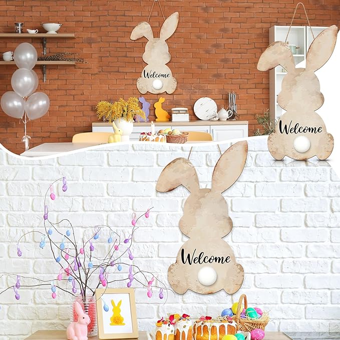 Juexica Easter Bunny Welcome Door Sign Easter Wall Hanging Sign for Front Door Wood Front Porch Decor Wall Pediments