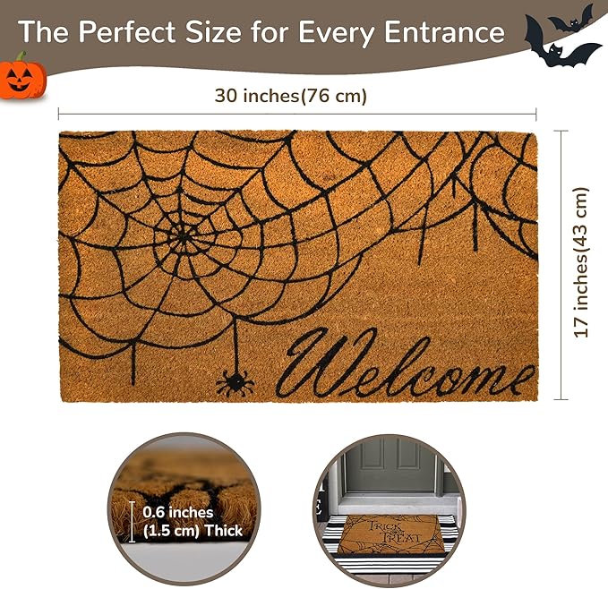 Decorative Halloween Welcome Mat, Spider Web, Natural Coco Coir Mats with Non-Slip PVC Backing, Indoor Outdoor Mats for Home & Office, Floor Mats for Door Decor, 30"x17"