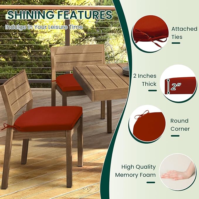 HARBOREST Outdoor Chair Cushions Set of 4, Water Resistant Patio Chair Cushions with Ties, Outdoor Seat Cushions for Patio Furniture, 17"x16"x2", Burnt Orange