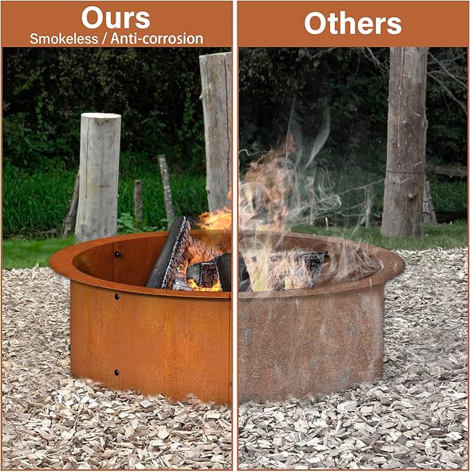 24" Extra Thickened Corten Steel Fire Pit Ring for Outdoor Wood Burning, Heavy-Duty Above & In-Ground Fire Ring, Round Backyard Patio Campfire Accessory for Family Gathering