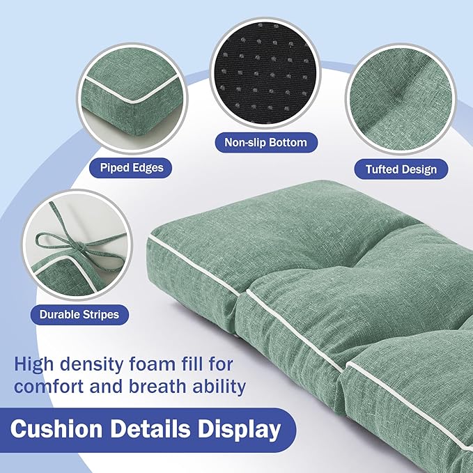 Bench Cushion, 42 x 16 Inch Patio Furniture Cushions with Durable Ties, Soft Memory Foam Bench Cushions for Indoor/Outdoor Furniture with Non-Slip Bottom, Kitchen&Dining, Green (Pack of 2)