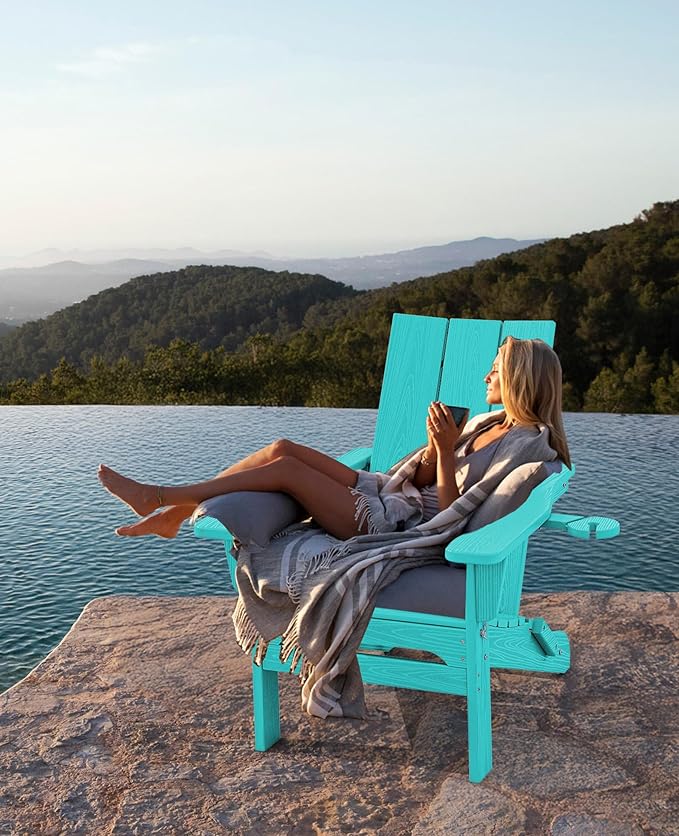 SERWALL Modern Adirondack Chair Set of 4, Folding Adirondack Chair with Cup Holders, Outdoor HDPE Adirondack Chair, Teal
