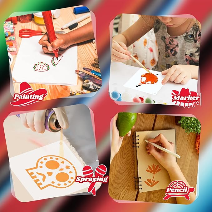 Fainne 100 Pcs 2 Inch Stencils Small Stencils for Painting on Wood Reusable Painting Templates Crafts for DIY Scrapbook, Wood, Wall, Fabric, Rock, Chalkboard, Sign(Mexican Festival)