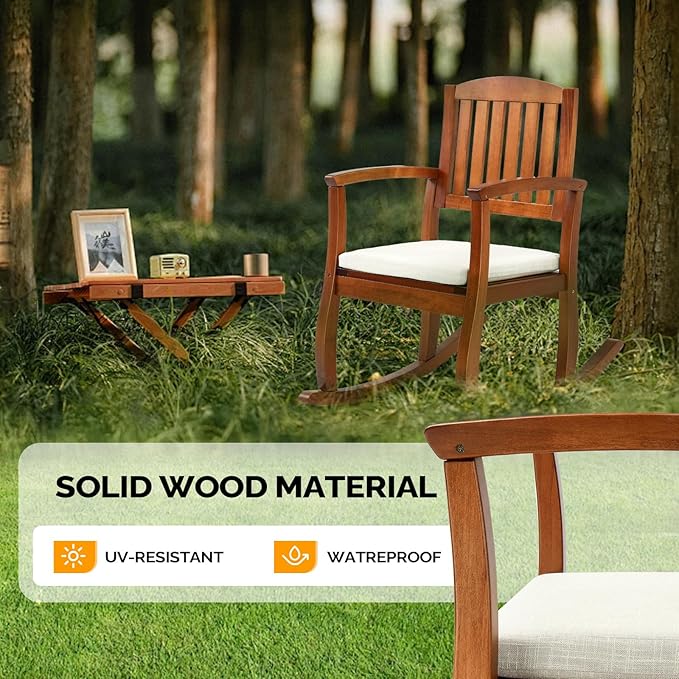 VINGLI Wooden Rocking Chair with Cushion,Outdoor Indoor Rocking Chair Supports Up to 450 lbs,Chair with Comfortable Backrest for Patio, Porch, Balcony (1, Teak)