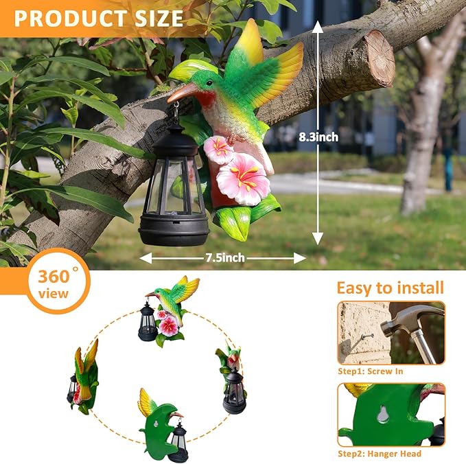 Solar Garden Decor Hummingbird Statues Lights, Christmas Birthday Gifts for Women Mom Men, Outdoor Decor Yard Art Tree Wall Gate Balcony