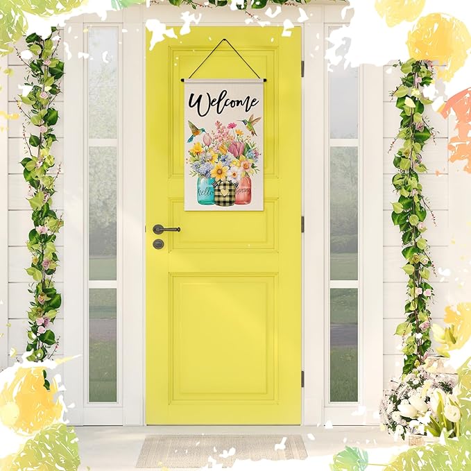 Tegeme 3 Pcs Hello Spring Door Sign Flag Spring Flower Door Banner Holiday Welcome Flag Wall Hanging Decoration for Party Holiday Outdoor Indoor Home