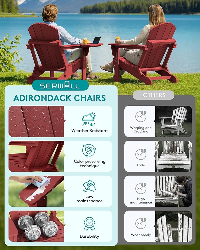 SERWALL Folding Adirondack Chair, Outdoor Adirondack Chairs with 4 in 1 Cup Holder, Wood Texture, Weather Resistant Plastic Patio Fire Pit Chairs for Garden, Backyard, Deck, Lawn - Green