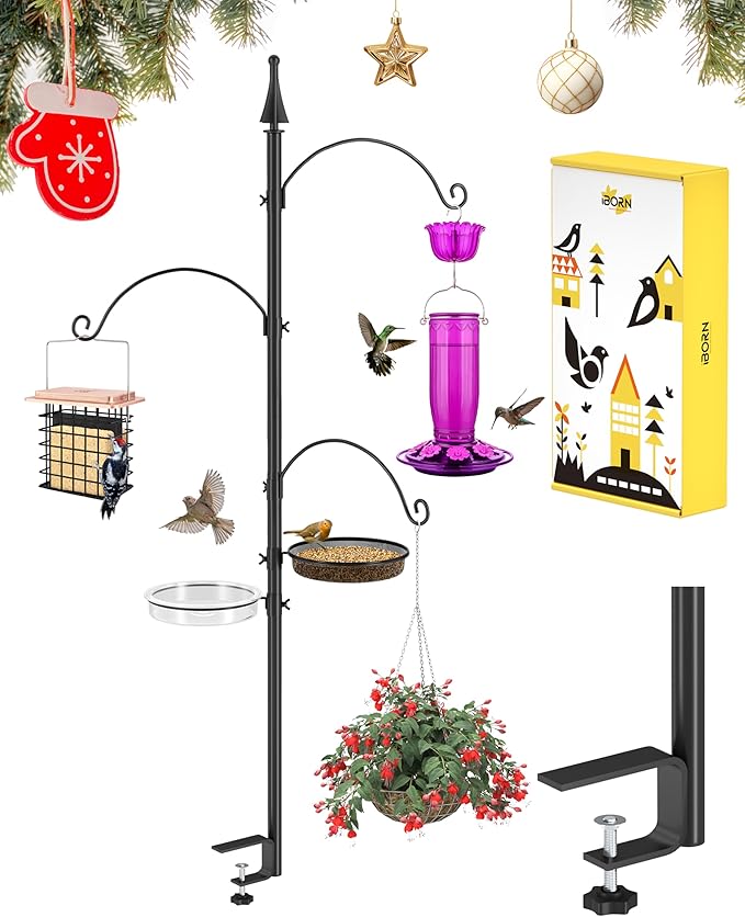 iBorn Shepherds Hooks for Outdoor Clamp On Deck Hook for 45“ Bird Feeder Hangers for Deck Railing Humming Bird Feeders Hanging Tri-Hooks+Feeder Trays 2024 Upgraded (Feeders are Not Included)