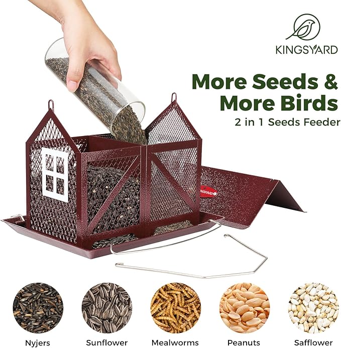 Kingsyard Metal Bird Feeder for Outdoors Hanging, 2-in-1 Wild Bird Feeder with Seed Tray & Built-in Perch, 5 lb Large Capacity for Cardinal Chickadee Finch, Bronze