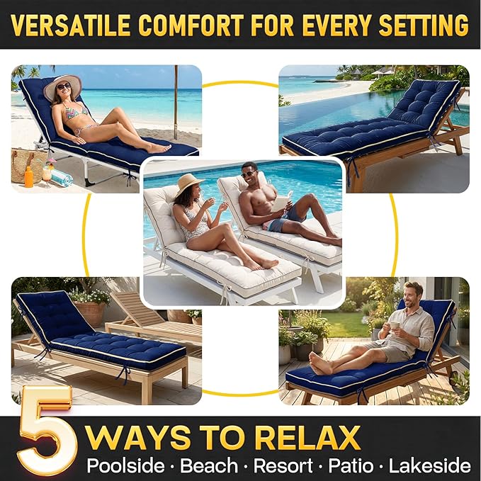 2 Pack 72x21 Inch Folding Chaise Lounge Cushion Quick Dry - Outdoor Sun Lounger Seat Pad with Shredded Foam for Patio Furniture, Deck Chairs, Poolside (Blue, 72 INCH × 21 INCH-2 Pack)