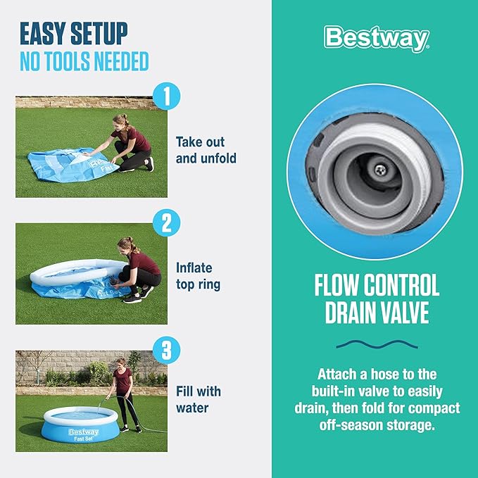 Bestway Fast Set 6 Foot x 20 Inch Round Inflatable Above Ground Outdoor Swimming Pool with 248 Water Capacity and Repair Patch, Blue (Pool Only)