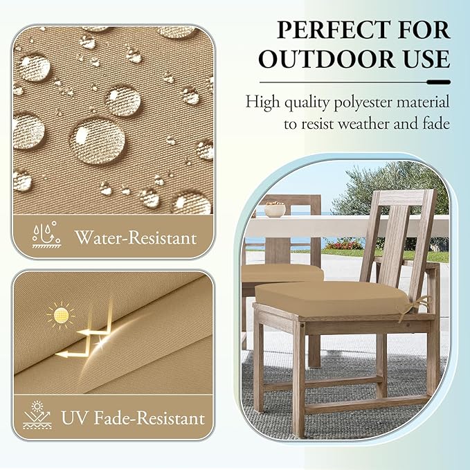 Wellsin Outdoor Chair Cushions for Patio Furniture - Patio Chair Cushions Set of 4 - Water Resistant Round Corner Outdoor Seat Cushions 17"X16"X2", Khaki