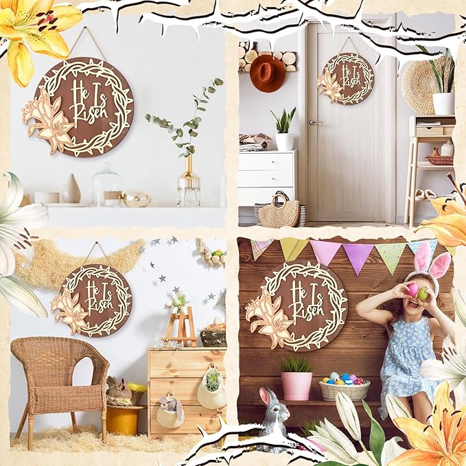 Juexica Easter Cross Door Sign Easter Wall Hanging Decor He is Risen Decorations Religious Wood Hanger for Front Door Front Porch Home Indoor Outdoor Spring Pediments