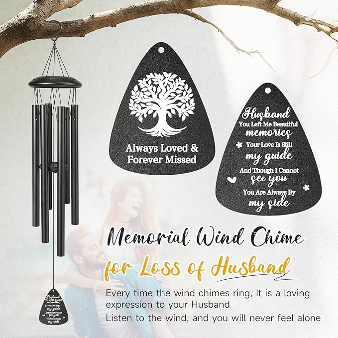Memorial Gifts for Loss of Husband, 25''Memorial Wind Chimes for Loss of Husband, Condolence/Remembrance/Bereavement Gifts,Windchimes in Memory Sympathy Gift,Funeral Decor for Garden Outside,Black
