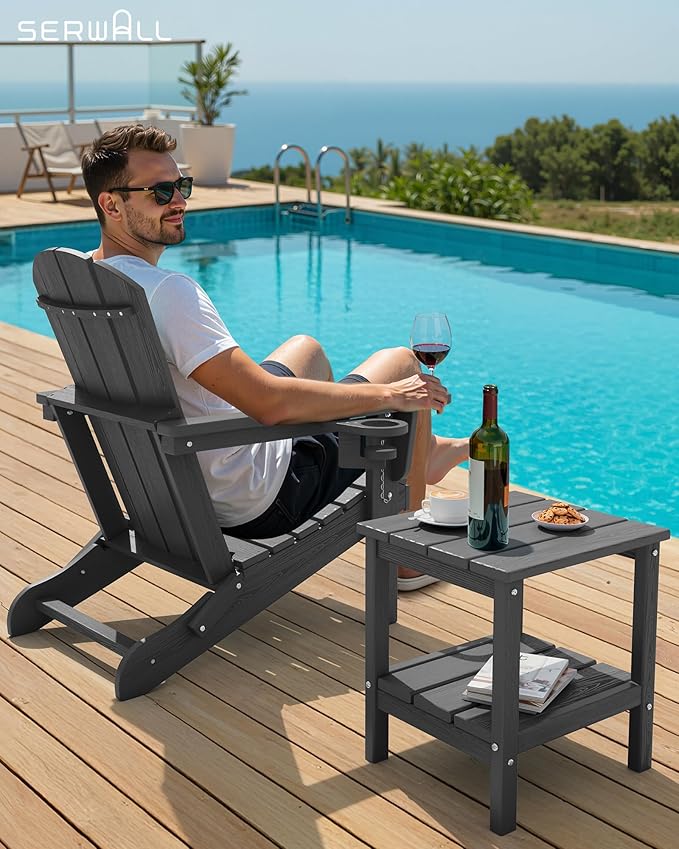 SERWALL 2-Tier HDPE Outdoor Side Tables Set of 2, Weatherproof Rectangular Adirondack Side Table, Gray