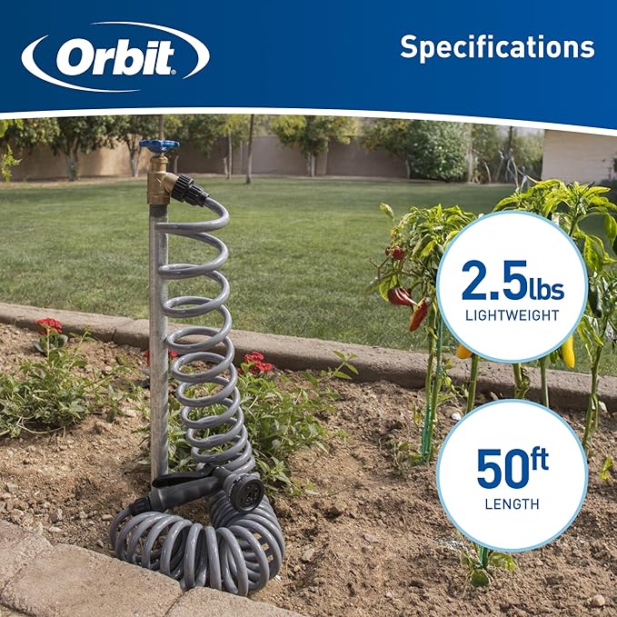 Orbit 27560 Coil Garden Hose, 50 Feet, with 8-Pattern Hose Nozzle (Gray)