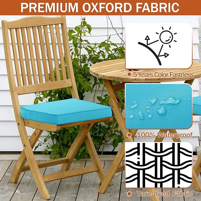 Outdoor Chair Cushions 16 x 17 Inch, Set of 4, Waterproof Patio Chair Cushions with Tie 5 Year Color Fastness Thick Outdoor Seat Cushion for Garden Lawn Patio Furniture Teal