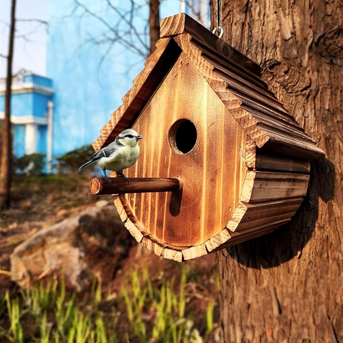 2 Pack Wren Houses for Outdoors,Natural Wooden Bird Houses for Outdoor Chickadee,Bluebird etc,Handmade from Natural Wood for Garden Decorations