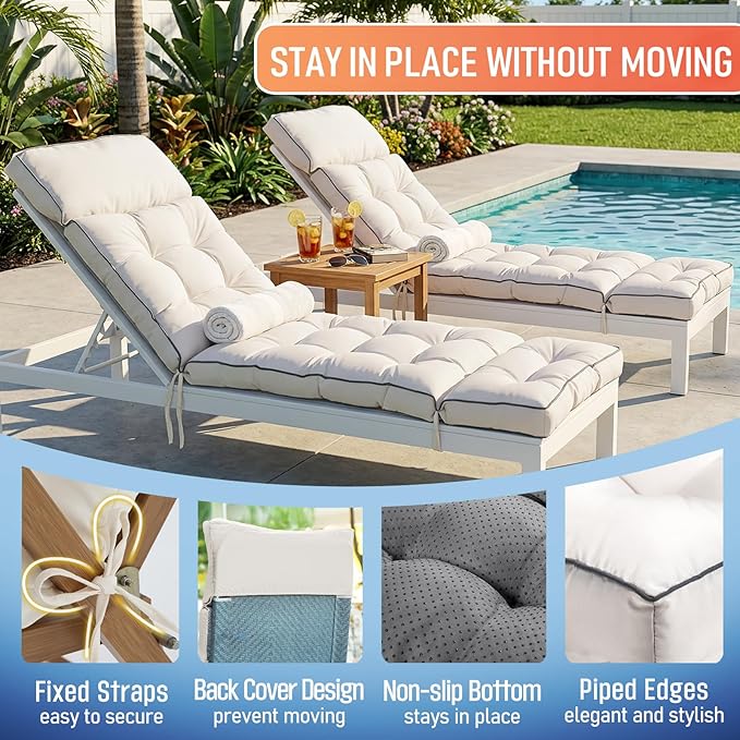 MAGIC ELEPHANT Chaise Lounge Cushion Outdoor, Memory Foam Patio Lounge Chair Cushion with Ties for Indoor Outdoor Furniture, Water-Repellent Replacement Long Chair Cushion (Antique White)