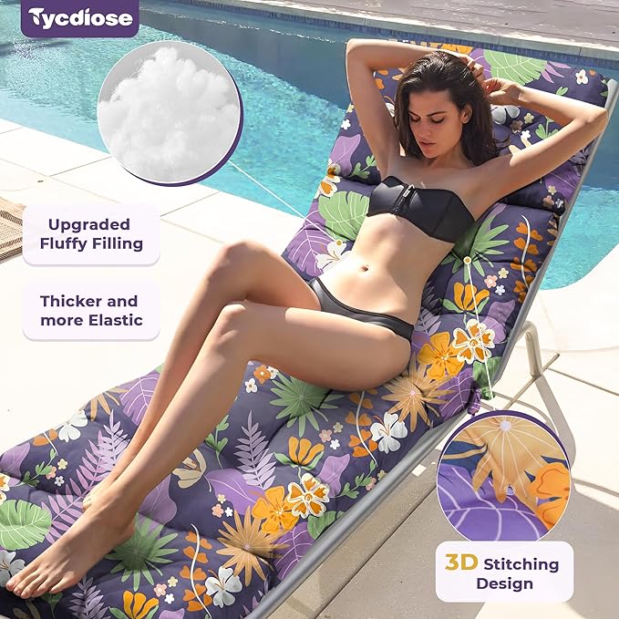 Chaise Lounge Cushions Outdoor Set of 2, 74.4 x 22 x 4.7 Inches Thickened Lounge Chair Cushions Waterproof for Outdoor Furniture with Ties, Non-Slip Patio Lounge Cushions, Purple Floral Leaf