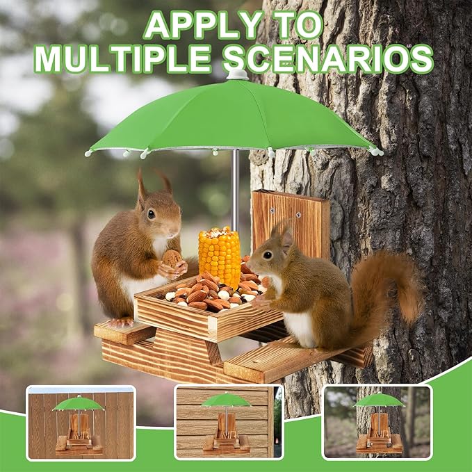Gnodary Squirrel Feeder with Umbrella, Squirrel Feeders for Outside, Squirrel Picnic Table Feeder - Chipmunk Feeder Hold Corn, Corn Cob, Peanuts Style2 (Green)