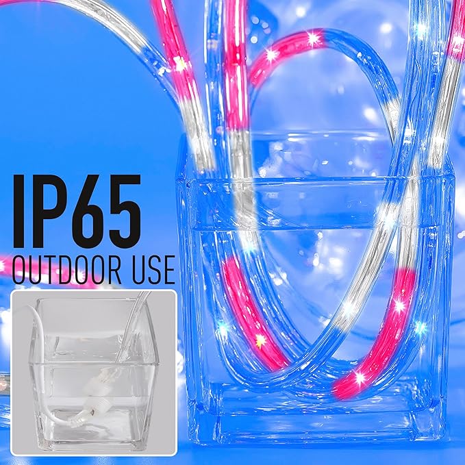 Waterproof LED Rope Lights, Connectable & Flexible with 8 Modes, Outdoor Lighting for Deck, Garden, Pool, Patio & Christmas Decor (Red/Blue/White, 20ft)