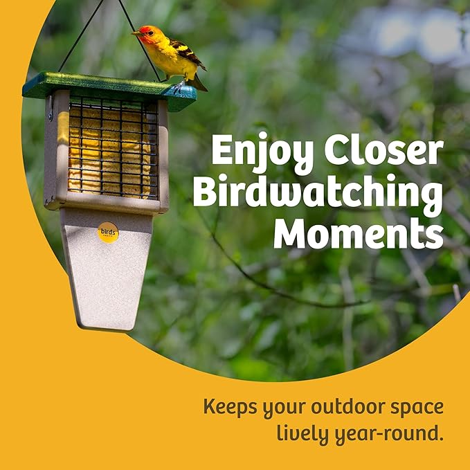 Birds Choice Suet Feeder with Tail Prop, Holds 1 Suet Cake | Hanging Suet Bird Feeder with Roof, Woodpeckers, Jays, Nuthatches | Sturdy for Garden & Backyard | Taupe & Green, 8" L x 3" W x 12" H