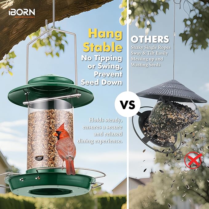 iBorn Bird Feeder Metal Squirrel Chew-Proof Bird Feeders for Outdoors Hanging for Cardinal Outside, Holds 1.5LB Seed with 3 Perchs, Green (Seed is not Included)