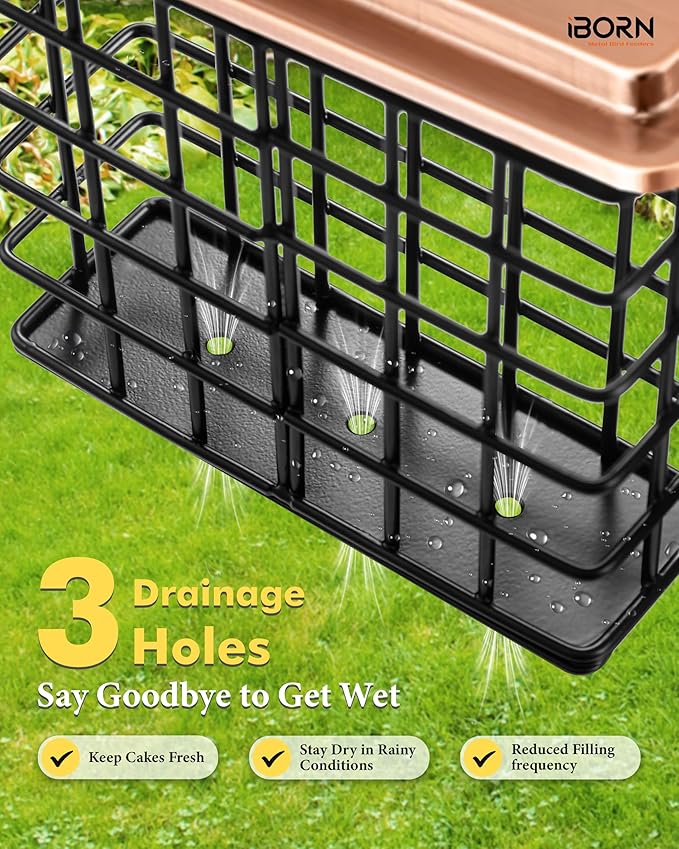 iBorn Suet Feeder Suet Bird Feeders [Single Capacity] for Outside Hanging with Taller Grid for Woodpecker,Metal Brushed Copper（Pack of 1）