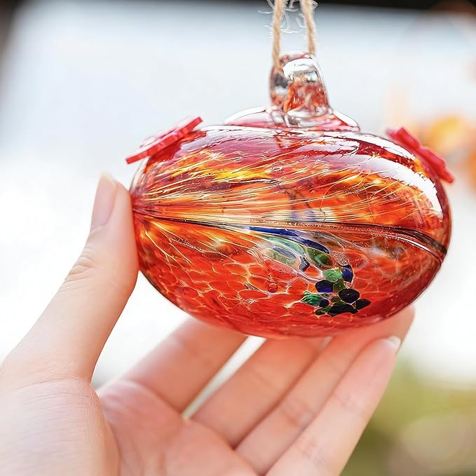 3inch Hand Blown Glass Hummingbird Feeder Colorful Hanging Glass Feeder with 2 Feeding Ports for Outside Garden Window Patio Decoration