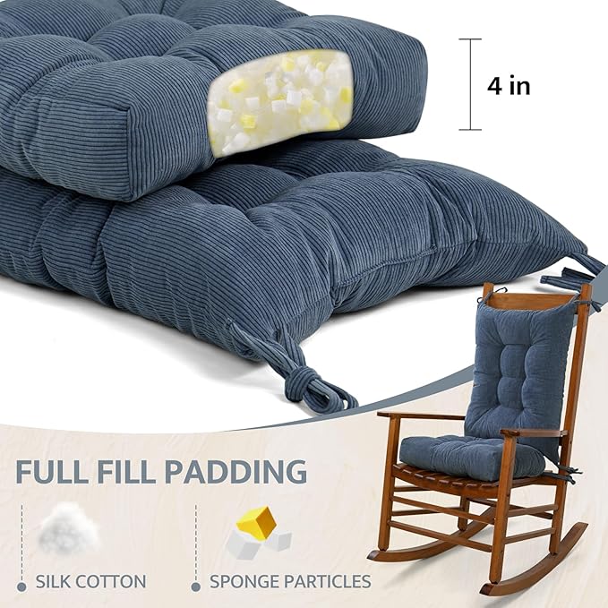 mudilun Rocking Chair Cushion Set - Non-Slip Tufted Rocking Chair Cushions with Ties Soft Indoor/Outdoor Wooden Rocking Chair Seat Pad for Porch Garden Cafe & Nursing