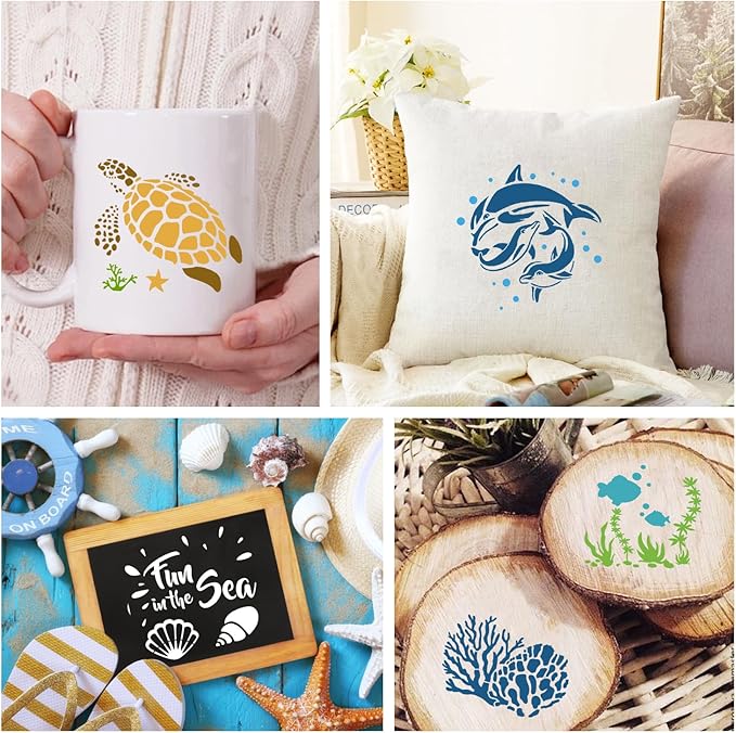 25 PCS Sea Ocean Creatures Stencils Ocean Templates for Painting Sea Animal DIY Pattern Templates Mermaid Stencils for Wall Floor Wood Scrapbooking Drawing Tracing Crafts Projects 5.9 x 5.9 Inch