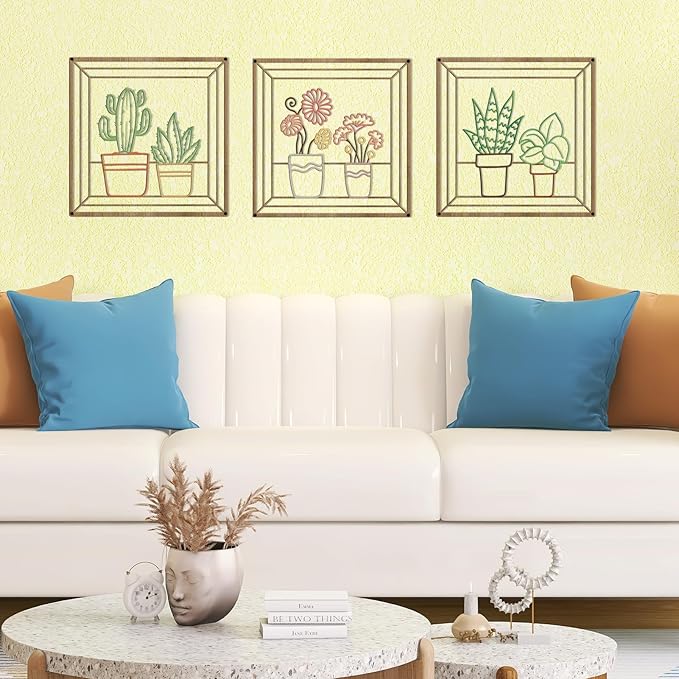 DUOOLN Metal Flowers Wall Art Decor,3Pcs Minimalism Flower in Vase Hanging Iron Hanging Picture, Modern Plant Potted Wall Sculpture Sign,Home Bedroom Bathroom Outdoor Indoor Kitchen Decoration-Color 2