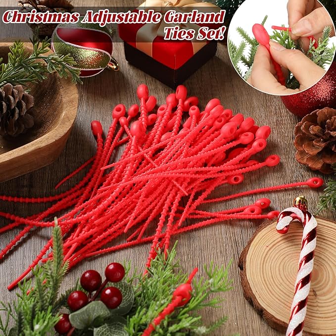 48 Pcs Red Christmas Flexible Garland Ties Assorted Size Adjustable Decorative Soft Ties Reusable Banister Garland Straps for Christmas Tree Mantel Fences Holiday Craft Wrapping