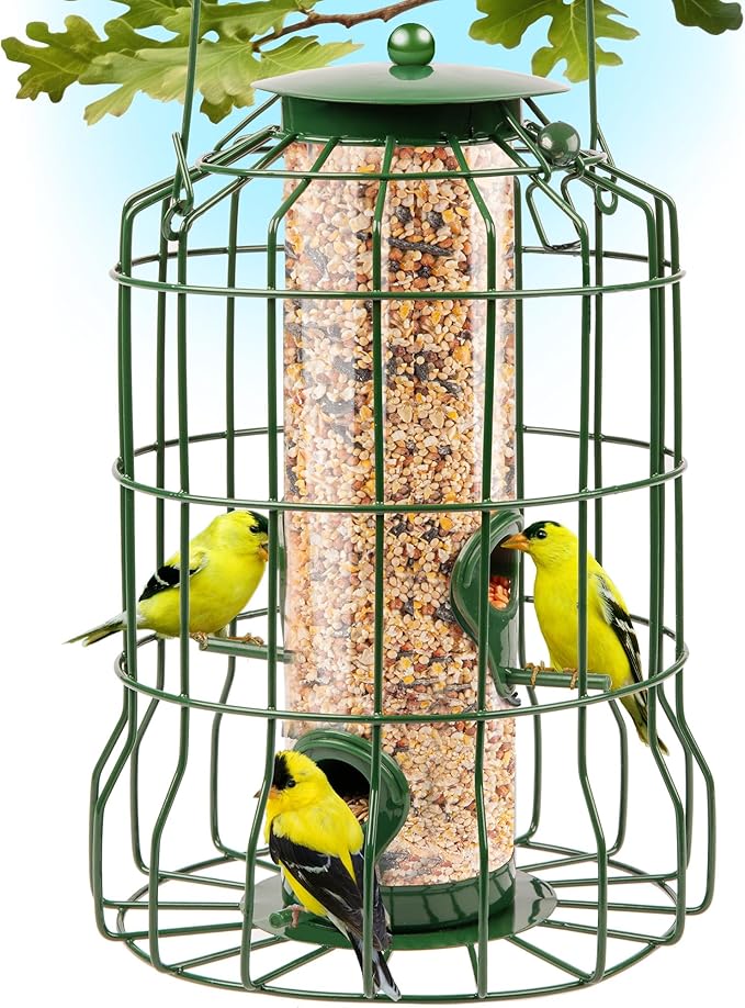 Squirrel Proof Bird Feeders for Outdoors Hanging (Metal Green) Bird Feeder with 4 Ports, Chew-Proof & Weather Resistant, Backyard Gift (10.25 x 6.25 x 6.25 inches)
