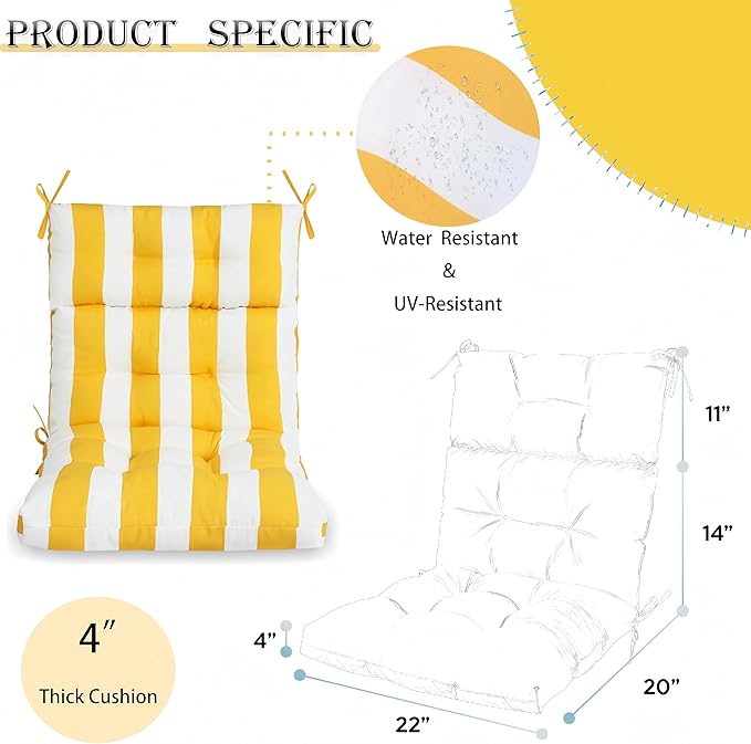 Only choice High Back Adirondack Chair Cushion Set of 2-44”x 22”x 4” Waterproof, Fade-Resistant Outdoor Rocking Chair Cushions for Patio, Garden, Porch (2, Yellow White Stripes)