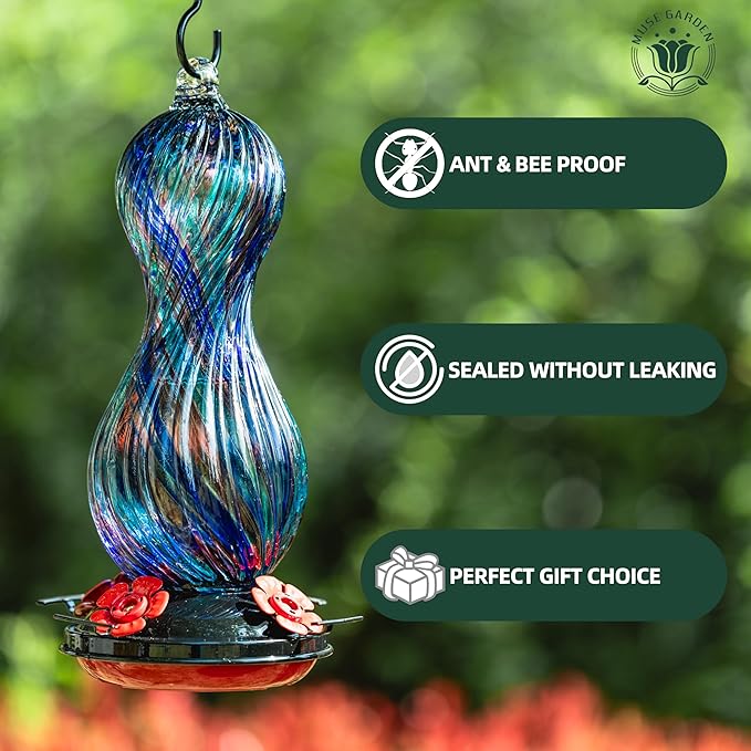 Hummingbird Feeder for Outdoors Hanging, Hand Blown Glass 24 OZ Capacity Hummingbird Bird Nectar Feeders with 4 Feeding Ports, Gifts for Women Mom Outside Garden Backyard Decor