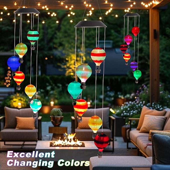 Solar Wind Chimes for Outside, Color Changing Hot Air Balloon Wind Chimes Solar Lights for Outside Garden Outdoor Patio Décor, Mother‘s Day Gifts for Mom Birthday Gifts for Women Grandma Wife Sister