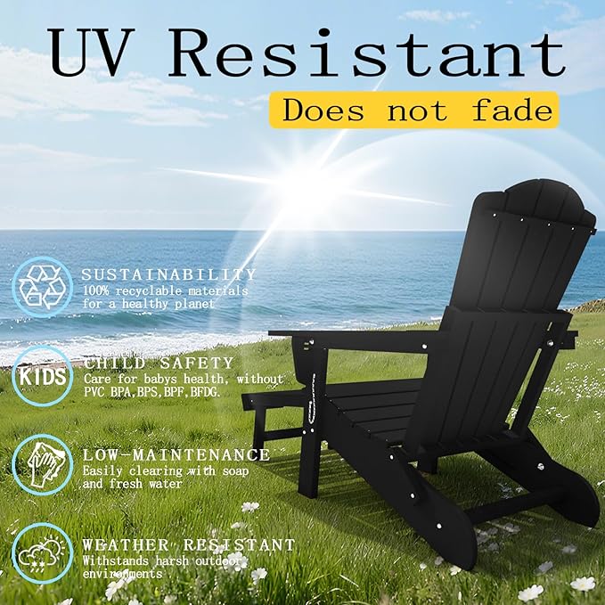 Folding Adjustable Adirondack Chairs with Ottoman & 1 Cup Holders Set of 2, HDEP Multifunctional Adirondack Chair with Footrest,Black