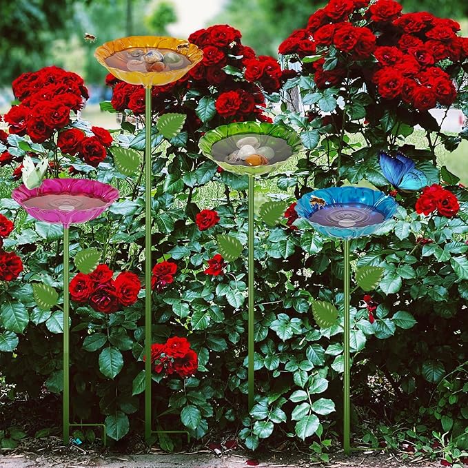 Bee Watering Station | 4 Pack Bee Baths for Garden | Metal Flowers Decorative Garden Stakes | Butterfly Feeder for Outside Garden Yard Decor (Red,Green,Blue,Yellow)