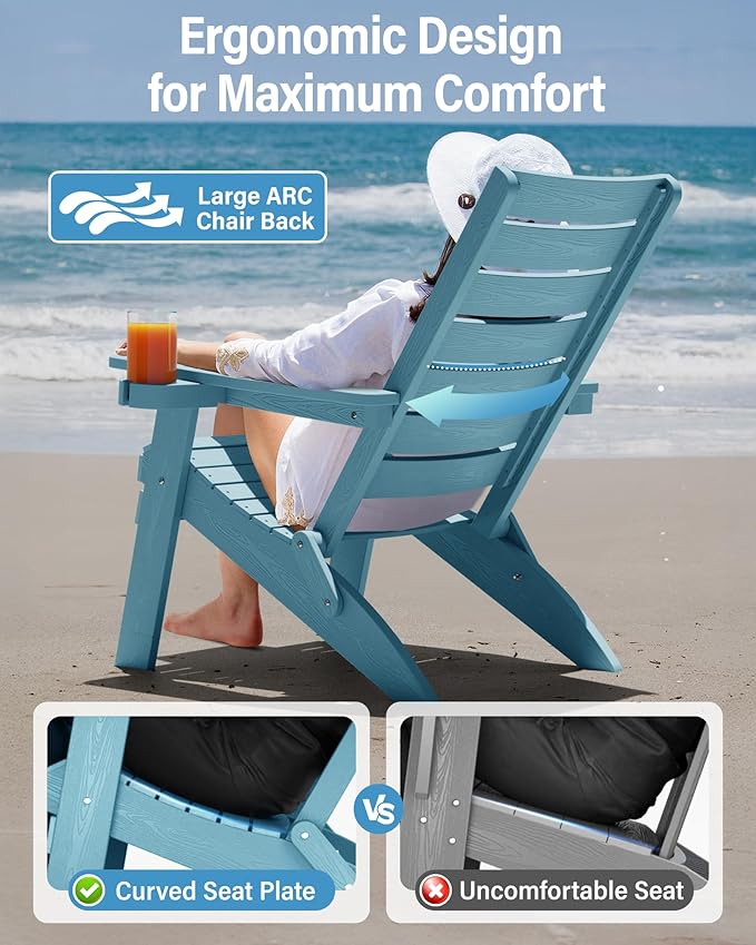 YEFU Adirondack Chair, Folding Adirondack Chairs with Arc Back & Cup Holder, Weather Resistant Plastic Oversized Chair for Outdoor Patio Lawn Garden Backyard Deck Fire Pit, Blue