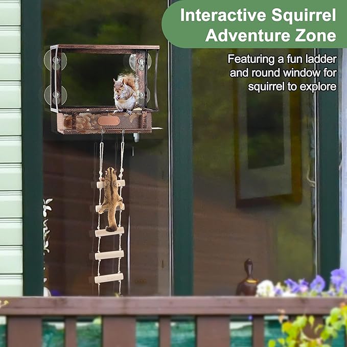 Enhon Window Squirrel Feeder, Metal Squirrel Feeders for Outside Winter with Strong Suction Cups & Ladders, Safe Funny Chipmunk Feeder, Feeding Shelter for Squirrels for Corn Peanuts