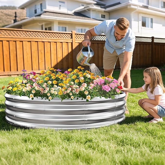 12 Inch Tall Heavy-Duty Round Steel Rised Garden Bed – Wave-Shaped Design Galvanized Metal Planter Box for Vegetables Flowers Succulent at Patio/Garden Outdoor (Silver, 60" Diameter)