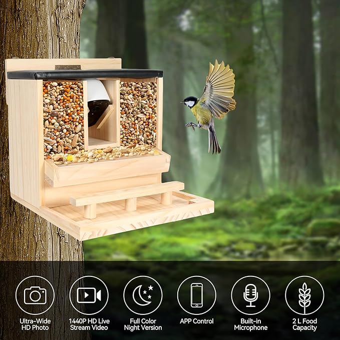 Squirrel Feeder with Camera Solar Powered：2.5K HD Wireless samrt Squirrel Picnic Table Feeders with Camera for Outside Funny Squrrill Nuts Bar,Wooden Chipmunk Box House for Peanuts Corn