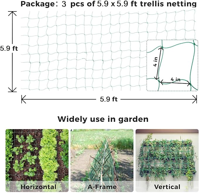 Kikhope Trellis Netting for Climbing Plants, 3 Packs 5.9ft x 5.9ft Heavy Duty Garden Trellis Netting for Cucumber, Vine, Tomato, Plants Trellis Net for Climbing Vine Plants Fruits & Vegetables
