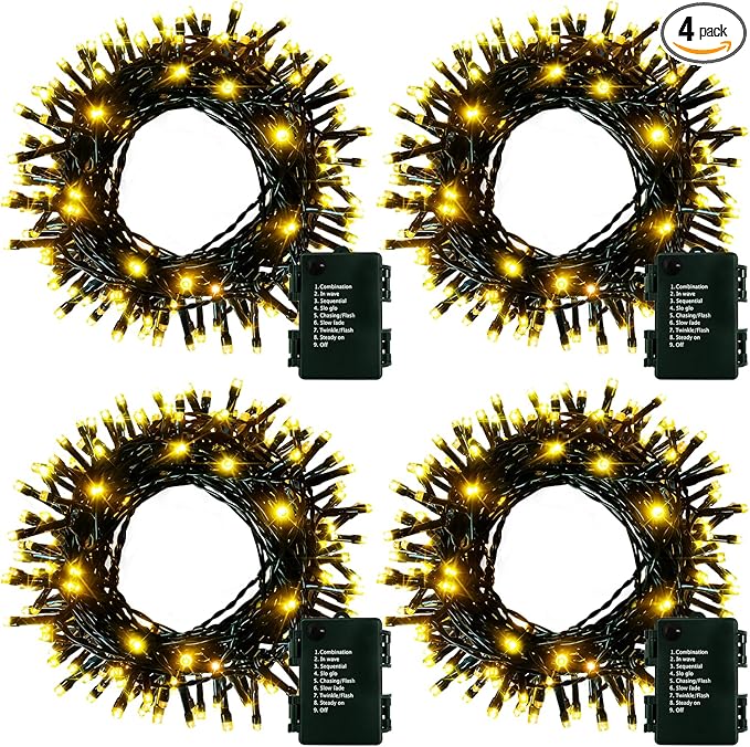 4 Pack- Battery Operated Outdoor Tree String Lights with 50 Warm White LEDs on 16.5ft/5m of Dark Green Cable,Outdoor Battery Xmas Wreath Lights with Timer for Christmas Yard Holiday Decoration