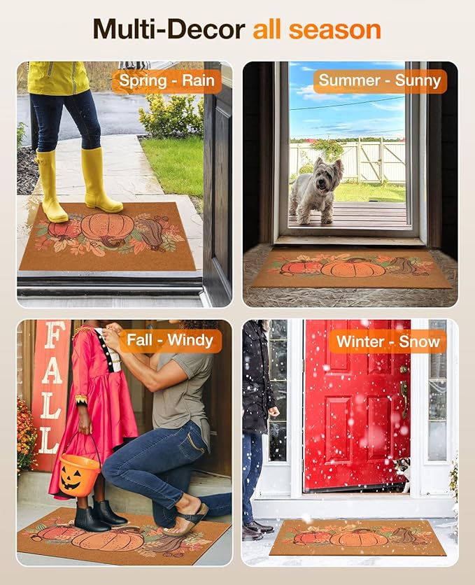 Door Mat Outside Entrance 30''x17'': Door Mat Ultra-Thin/Non-Slip/Waterproof/Washable Pumpkin Design for Outdoor - Faux Coir Welcome Matt for Front Entrance Fall/Halloween Decor