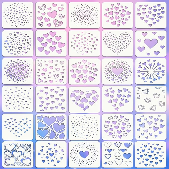 30 Pcs Heart Stencils, Reusable Love Geometric Stencils for Painting on Wood Floor Wall Rock Garden Furniture Canvas Scrapbook Paper Fabric Pillows Card Making DIY Home Decor